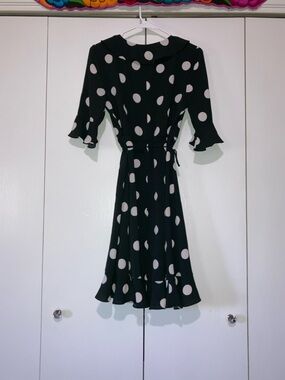 Lily Black Medium Black and White Polka Dot Fit-and-Flare True Wrap Dress Ruffle